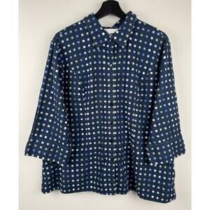 CJ Banks Top Womens Size 3X Blue 3/4 Sleeve Polka Dot Button Lightweight Career